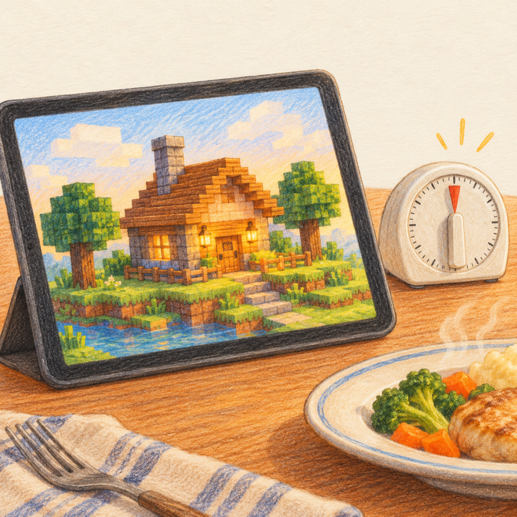 A tablet displays a voxel-style block house beside a kitchen timer at zero and a dinner plate, showing a child’s creation alongside the end of screen time.