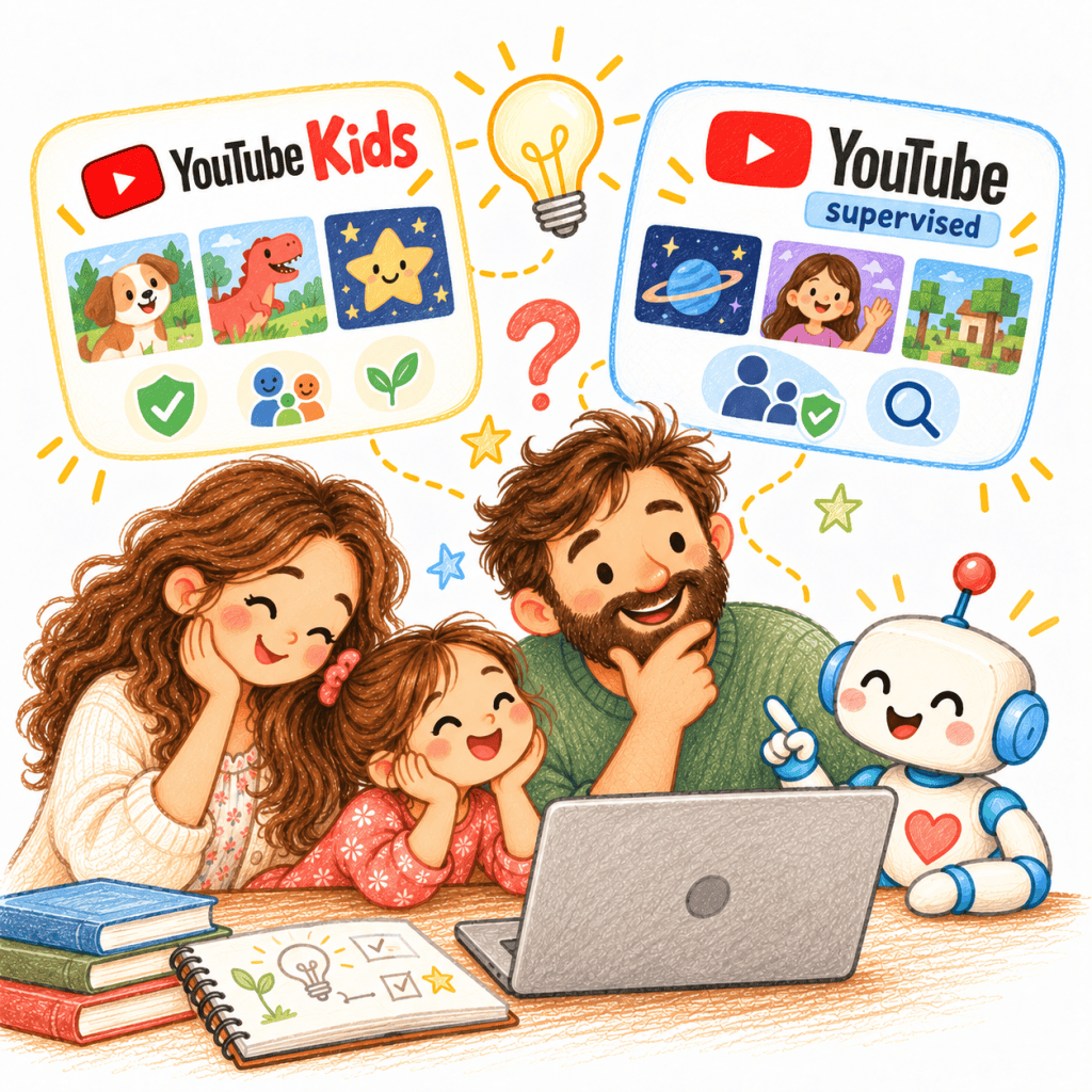 Color pencil-style illustration of a mother, father, daughter, and friendly blue-and-white robot comparing YouTube Kids and supervised YouTube video libraries above a laptop.